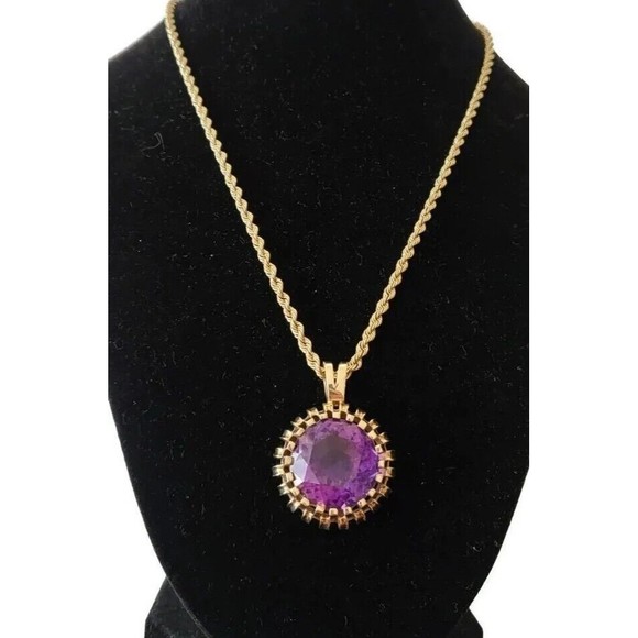 Vintage 14K Yellow Gold 21.2 mm Natural Amethyst Pendant Chain Necklace 20.7 gms